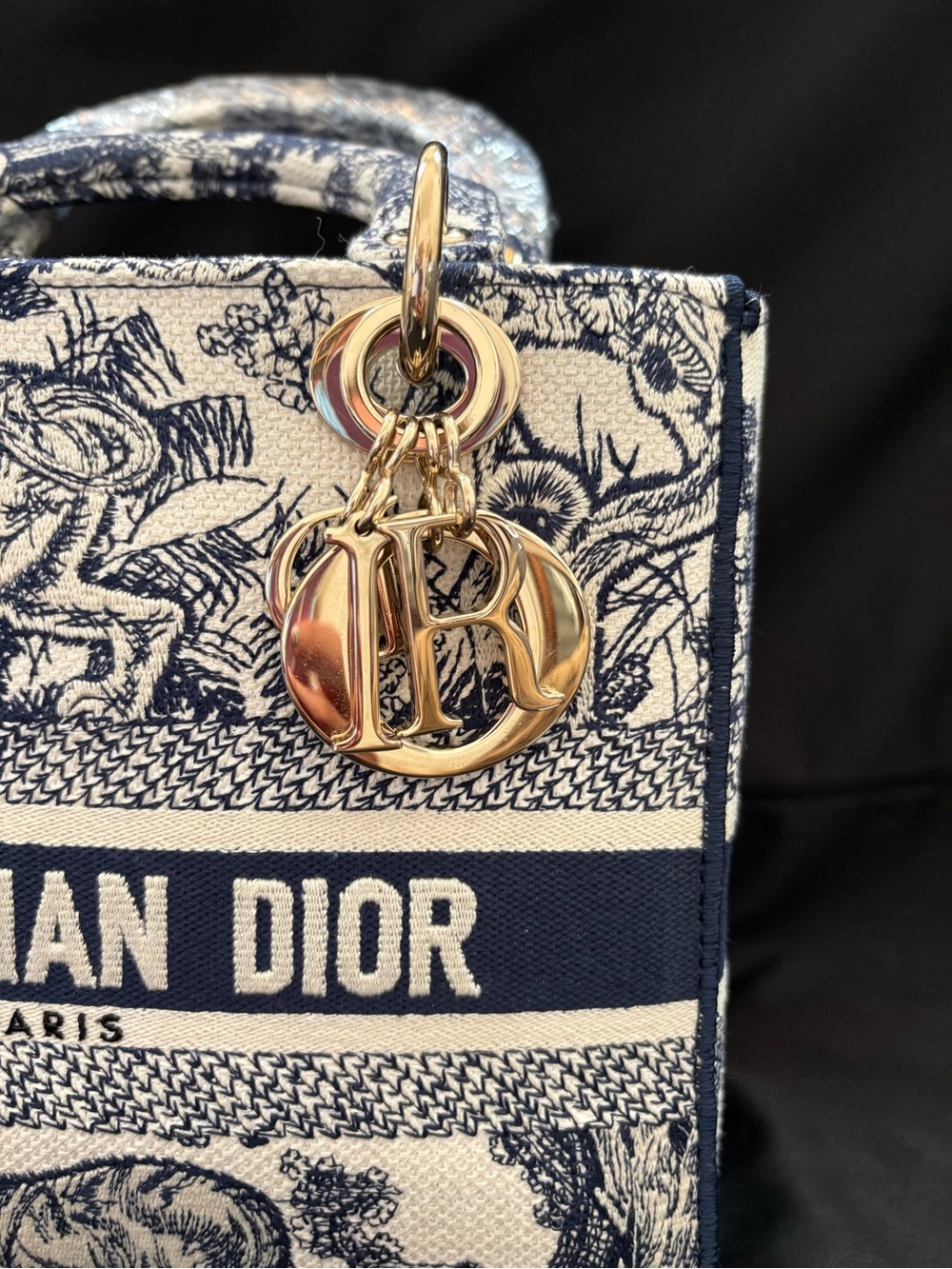 CHRISTIAN DIOR Canvas Tote Embroidered Medium Lady DLite Navy LIKE NEW Condition - Picture 11 of 13